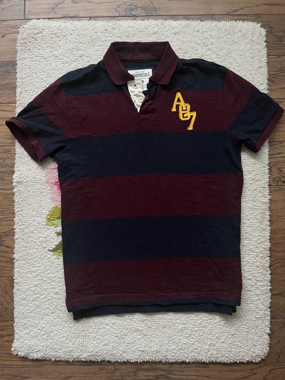 Aeropostale Men’s Burgundy & Navy Striped Rugby Polo shirt with Yellow A87 Patch